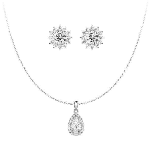 Halo Pear Moissanite Pendant Necklace And Sunflower Round Moissanite Stud Earrings