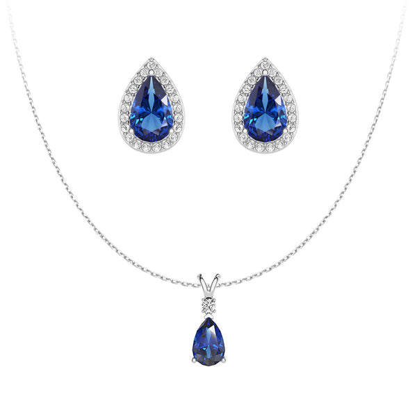Pear Blue Sapphire Solitaire Pendant with Stud Earrings Set