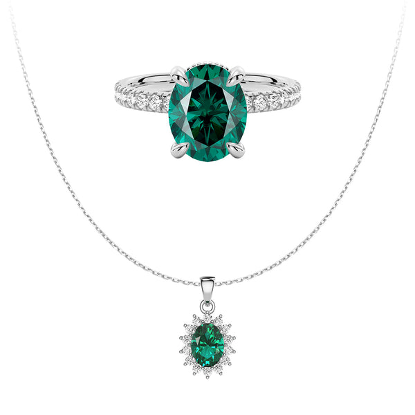 Floral Halo Green Oval Pendant And Ring Set