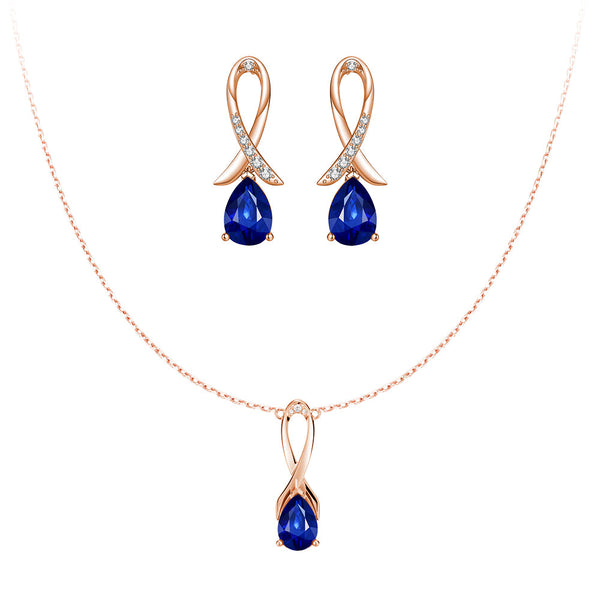"Blue For Pink" Sapphire Necklace And Earrings Set With Ribbon