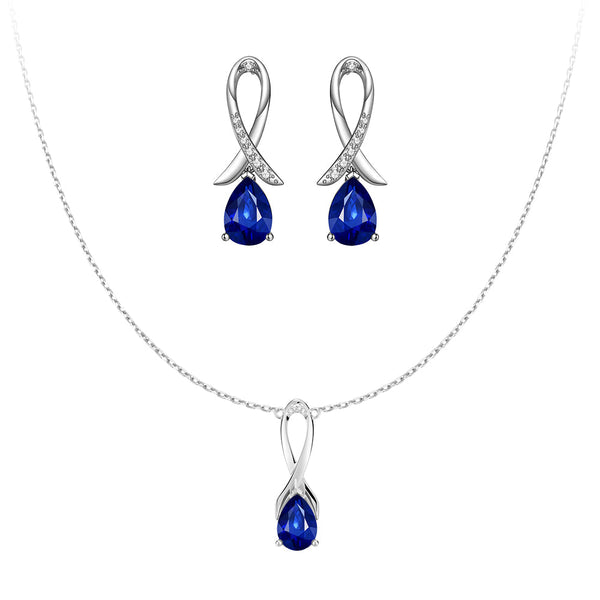 "Blue For Pink" Sapphire Necklace And Earrings Set With Ribbon