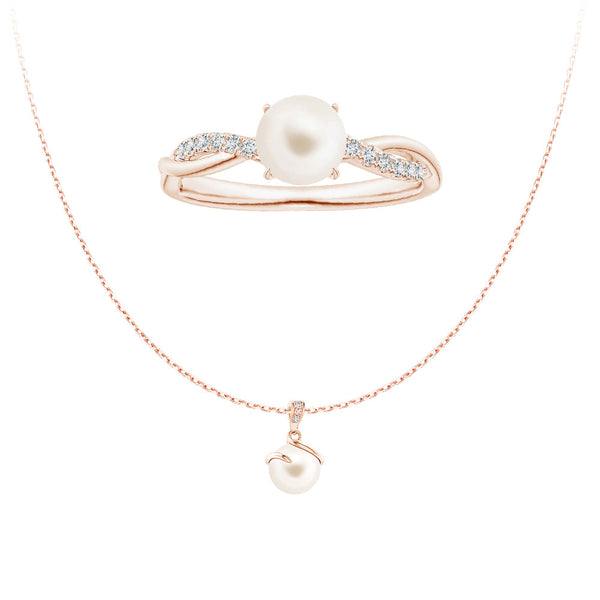 8mm Freshwater Cultured Pearl Pendant AndRing Set with Moissanite Accent