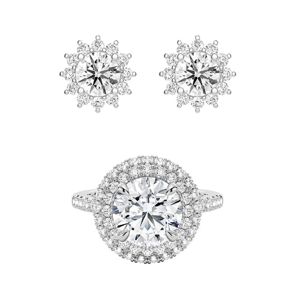 Double MicroPavé Halo Rings And Sunflower Stud Earrings Set