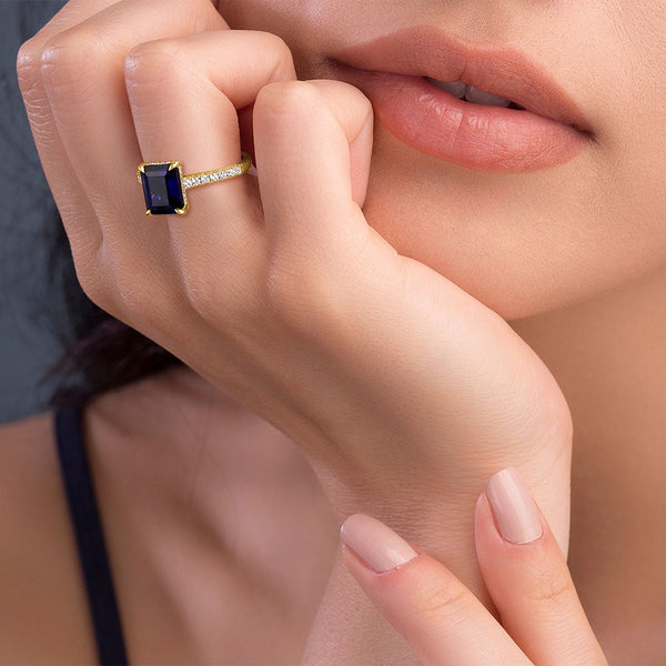 Emerald Cut Blue Sapphire and White Sapphire Ring