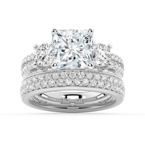 Double Row Pave Three Stone Princess Cut Moissanite Engagement Ring