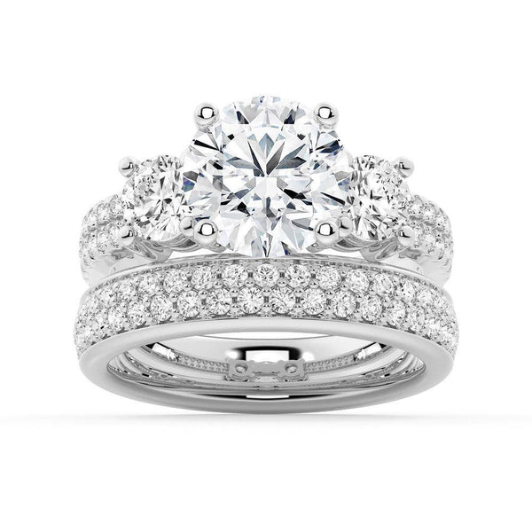 Double Row Pave Three Stone Round Cut Moissanite Engagement Ring