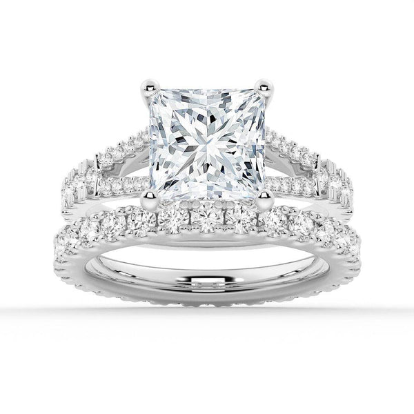 Princess Cut Split Shank Moissanite Couple's Ring Set with Men's Wedding Band