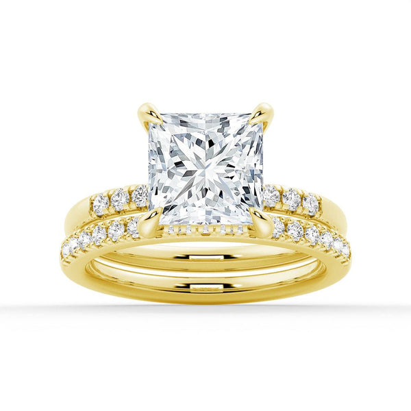 Princess Cut Hidden Halo Moissanite Ring Set with Matching Stacking Band