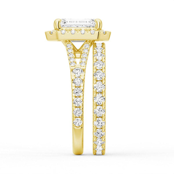 Emerald Cut Split Shank Moissanite Halo Engagement Ring