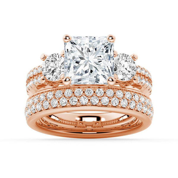 Double Row Pave Three Stone Princess Cut Moissanite Engagement Ring