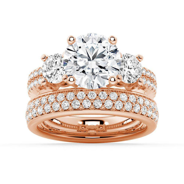 Double Row Pave Three Stone Round Cut Moissanite Engagement Ring