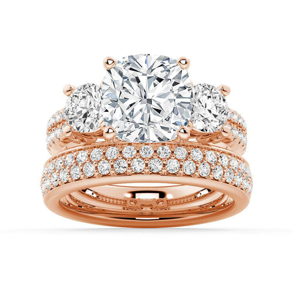 Double Row Pave Three Stone Cushion Cut Moissanite Engagement Ring