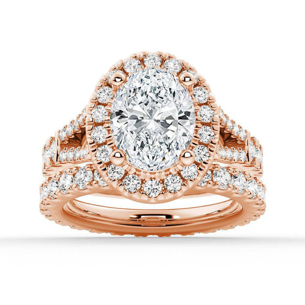 Oval Cut Split Shank Moissanite Halo Engagement Ring
