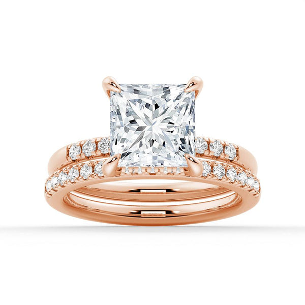 Princess Cut Hidden Halo Moissanite Ring Set with Matching Wedding Band