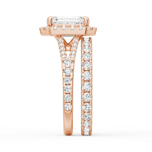 Emerald Cut Split Shank Moissanite Halo Engagement Ring