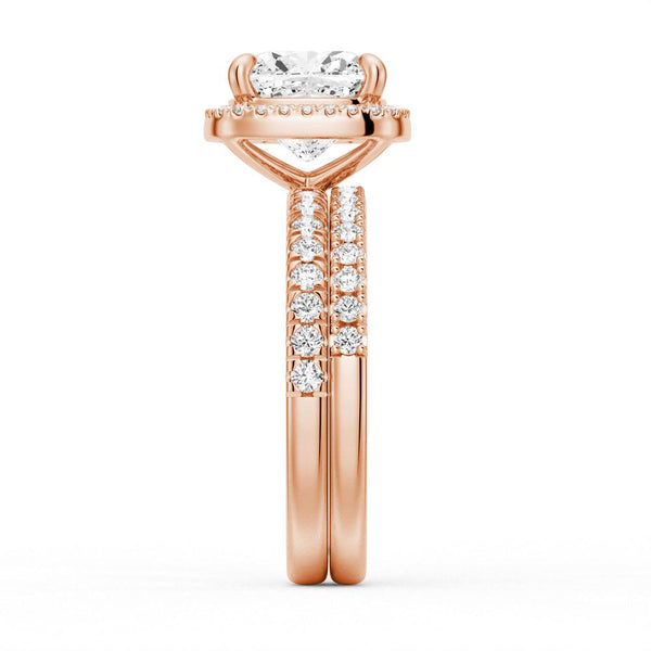 Cushion Cut Halo Moissanite Engagement Ring Set with Matching Wedding Band