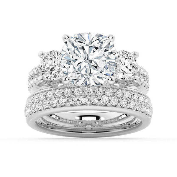 Double Row Pave Three Stone Cushion Cut Moissanite Engagement Ring