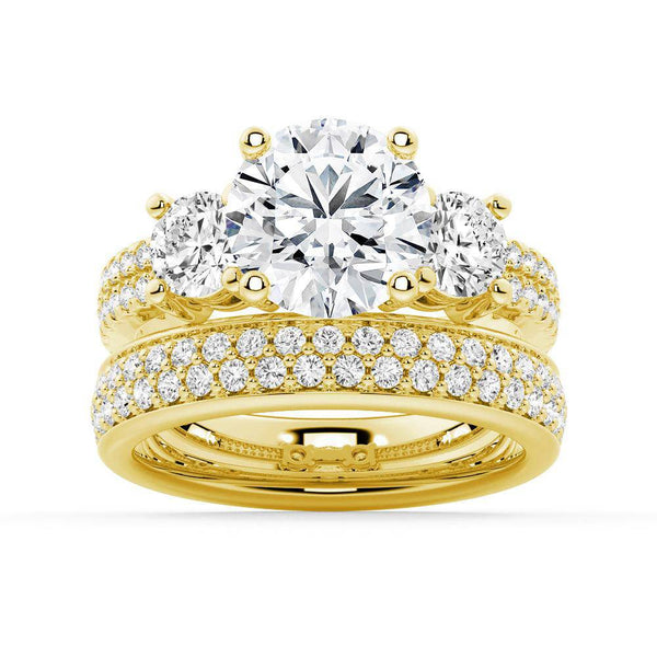 Double Row Pave Three Stone Round Cut Moissanite Engagement Ring
