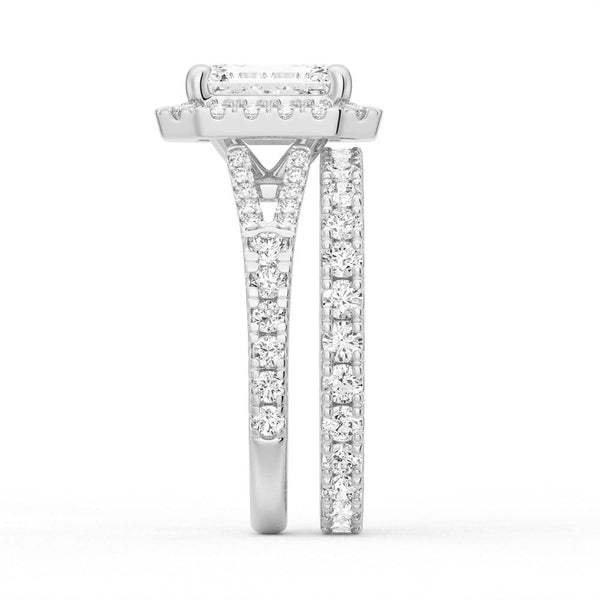 Emerald Cut Split Shank Moissanite Halo Engagement Ring