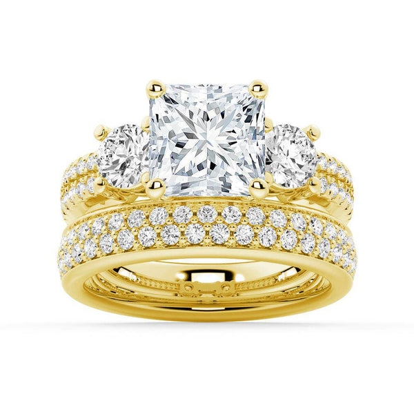 Double Row Pave Three Stone Princess Cut Moissanite Engagement Ring