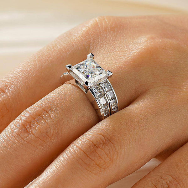 Unique Cinderella Staircase Princess Cut Moissanite Ring Set with Matching Wedding Band