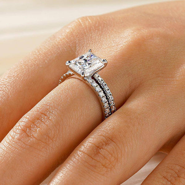 Solitaire Radiant Cut Moissanite Ring Set with Matching Wedding Band