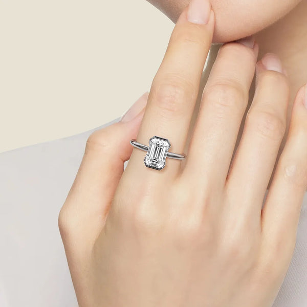 Half Bezel Moissanite Emerald Cut Engagement Ring