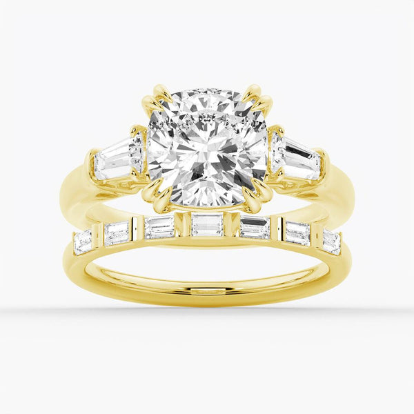 Cushion Cut Moissanite Engagement Ring with Tapered Baguette Side Stones