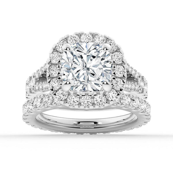 Cushion Cut Split Shank Moissanite Halo Engagement Ring
