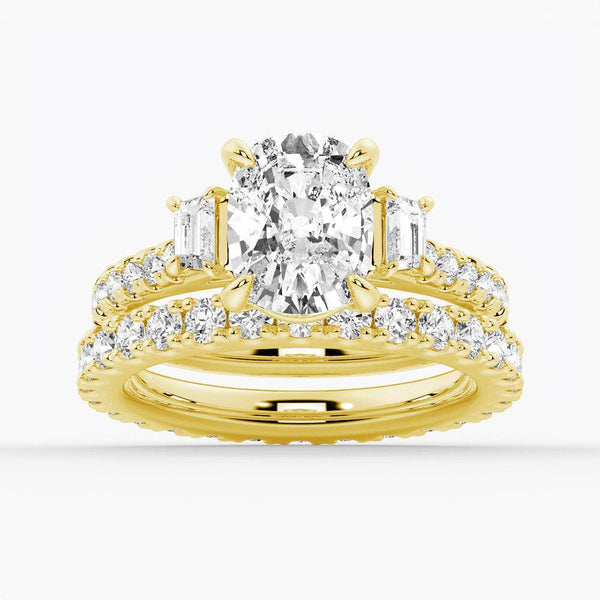 Three Stone Cushion & Half Moon Moissanite Engagement Ring with Pavé Band