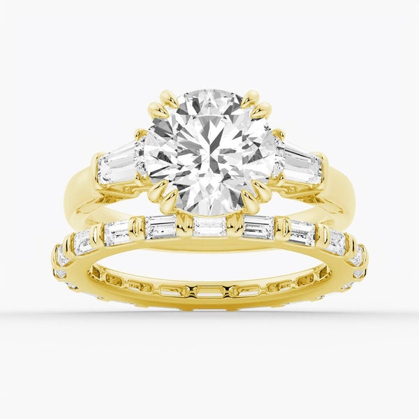 Round Cut Moissanite Engagement Ring with Tapered Baguette Side Stones