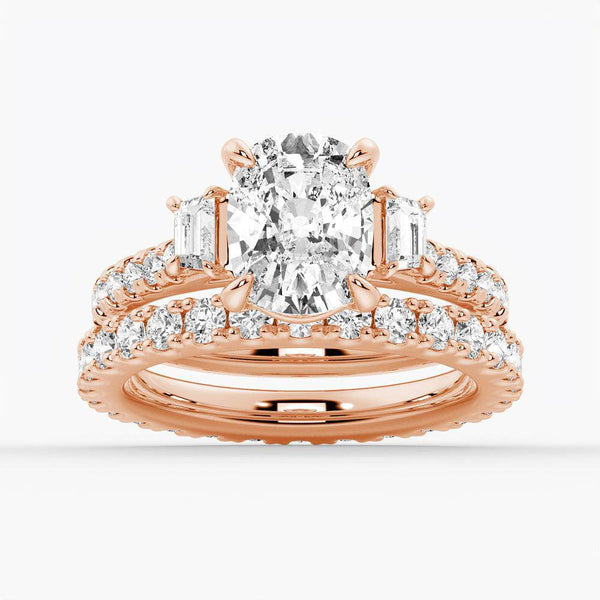 Three Stone Cushion & Half Moon Moissanite Engagement Ring with Pavé Band