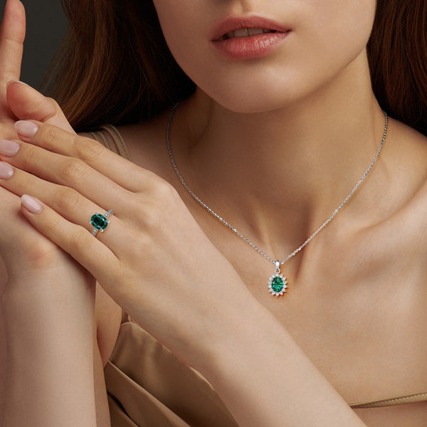 Floral Halo Green Oval Pendant And Ring Set