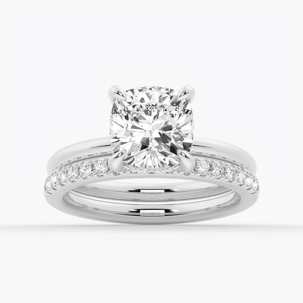 Cushion Cut Solitaire Moissanite Engagement Ring With Hidden Halo
