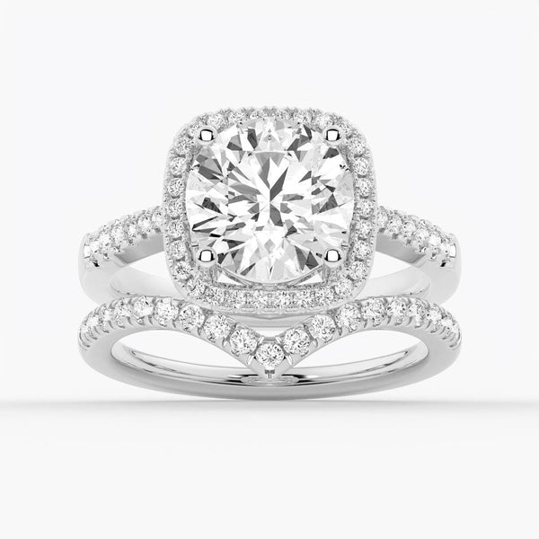 Four Prongs Pavé Halo Moissanite Engagement Ring
