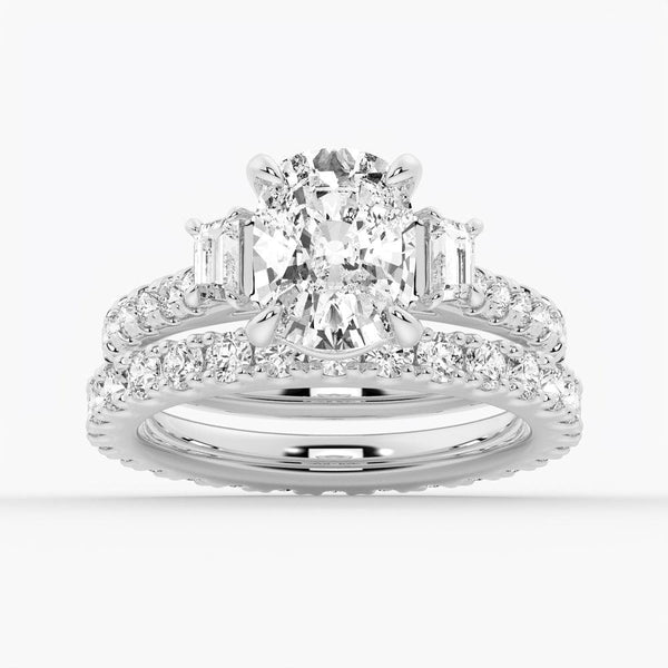 Three Stone Cushion & Half Moon Moissanite Engagement Ring with Pavé Band