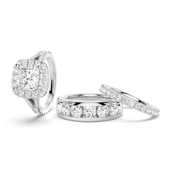 Princess Cut Split Shank Halo Moissanite Couple's Ring Set with Men's Wedding Band