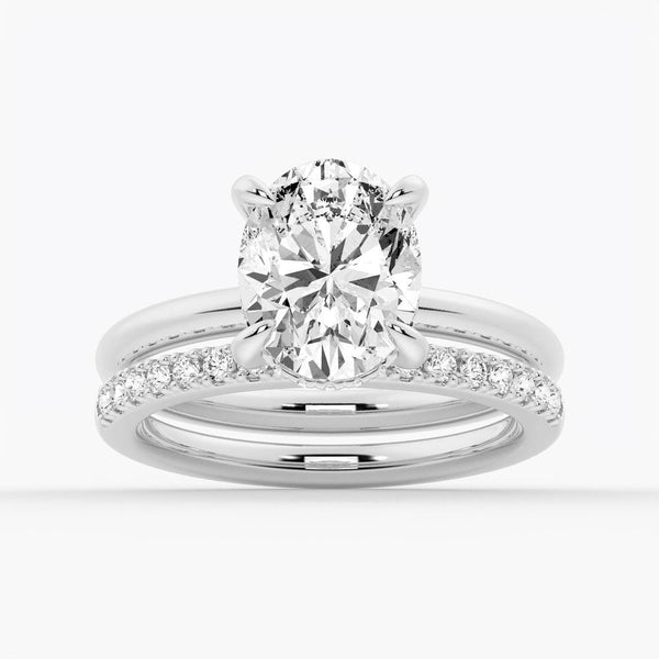 Oval Solitaire Hidden Halo Moissanite Ring Set with Matching Wedding Band