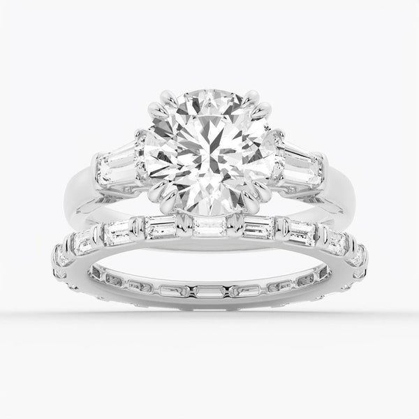 Round Cut Moissanite Engagement Ring with Tapered Baguette Side Stones