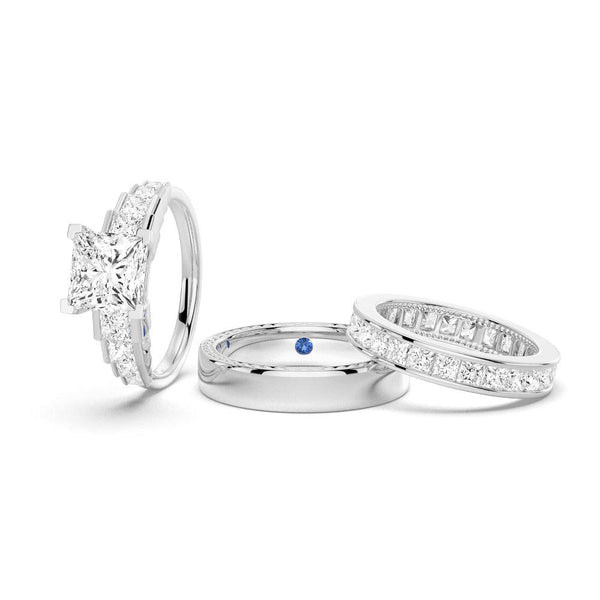 Unique Cinderella Staircase Princess Cut Moissanite Couple's Ring Set with Men's Wedding Band