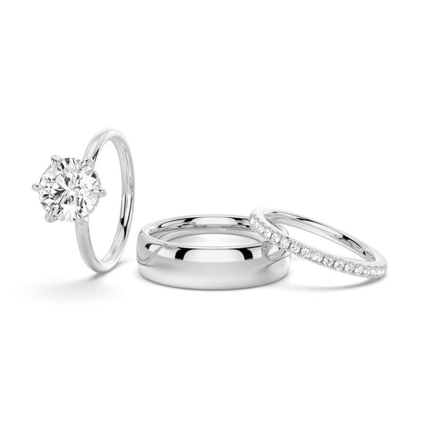 Six Prong Solitaire Moissanite Couple's Ring Set with Men's Wedding Band