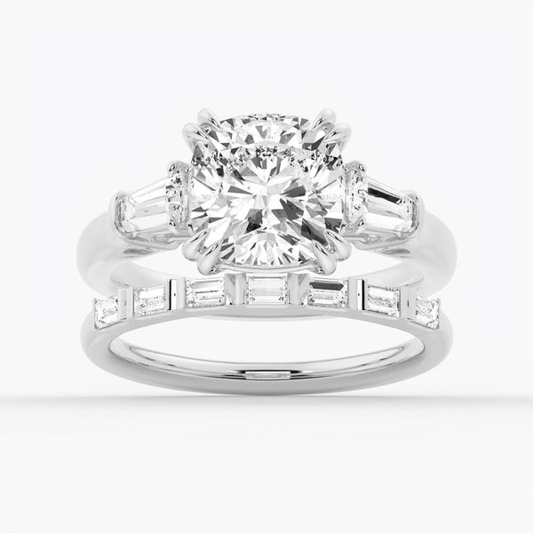 Cushion Cut Moissanite Engagement Ring with Tapered Baguette Side Stones