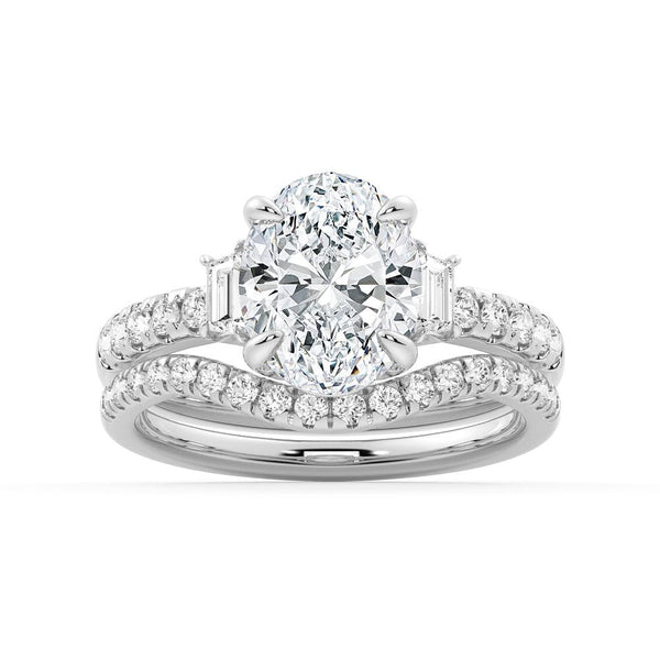 Three Stone Oval & Half Moon Moissanite Engagement Ring with Pavé Band