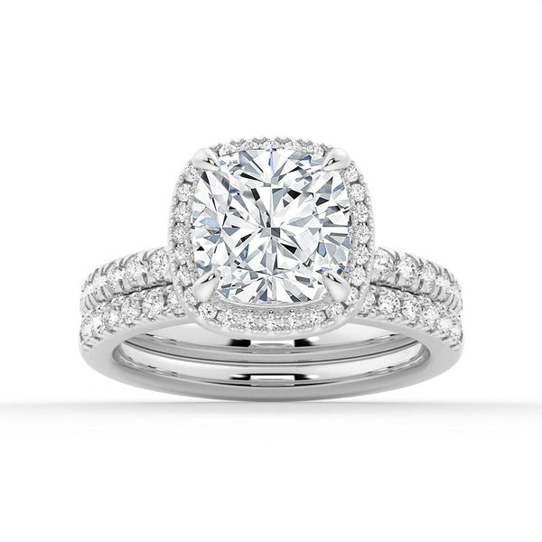 Cushion Cut Halo Moissanite Engagement Ring Set with Matching Wedding Band