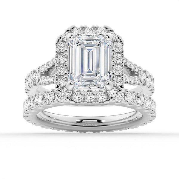 Emerald Cut Split Shank Moissanite Halo Engagement Ring