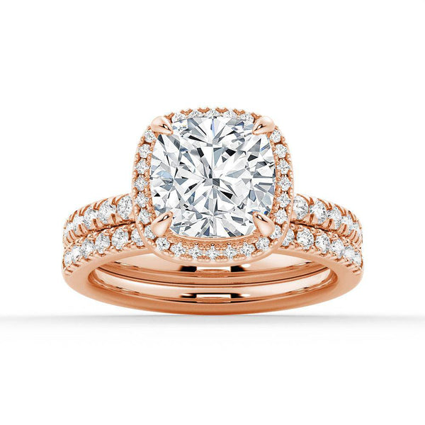 Cushion Cut Halo Moissanite Engagement Ring Set with Matching Wedding Band