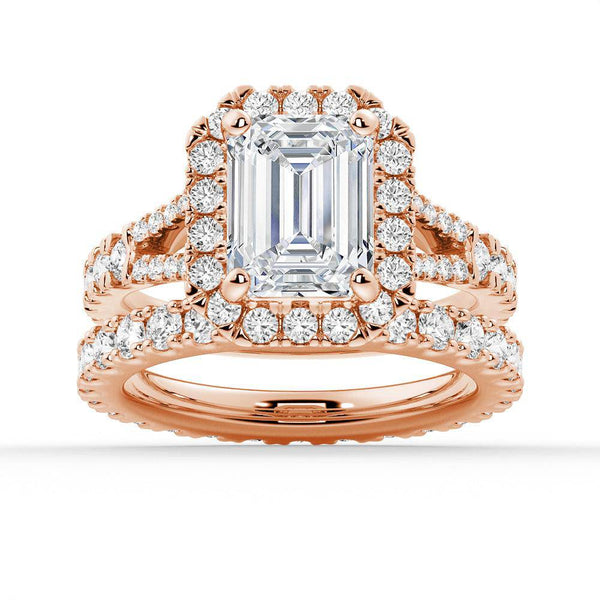 Emerald Cut Split Shank Moissanite Halo Engagement Ring