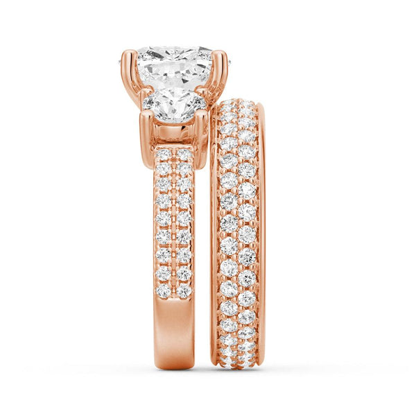 Double Row Pave Three Stone Cushion Cut Moissanite Engagement Ring