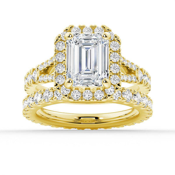 Emerald Cut Split Shank Moissanite Halo Engagement Ring