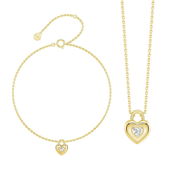 Love Lock Heart Solitaire Moissanite Pendant Necklace And Bracelet Set